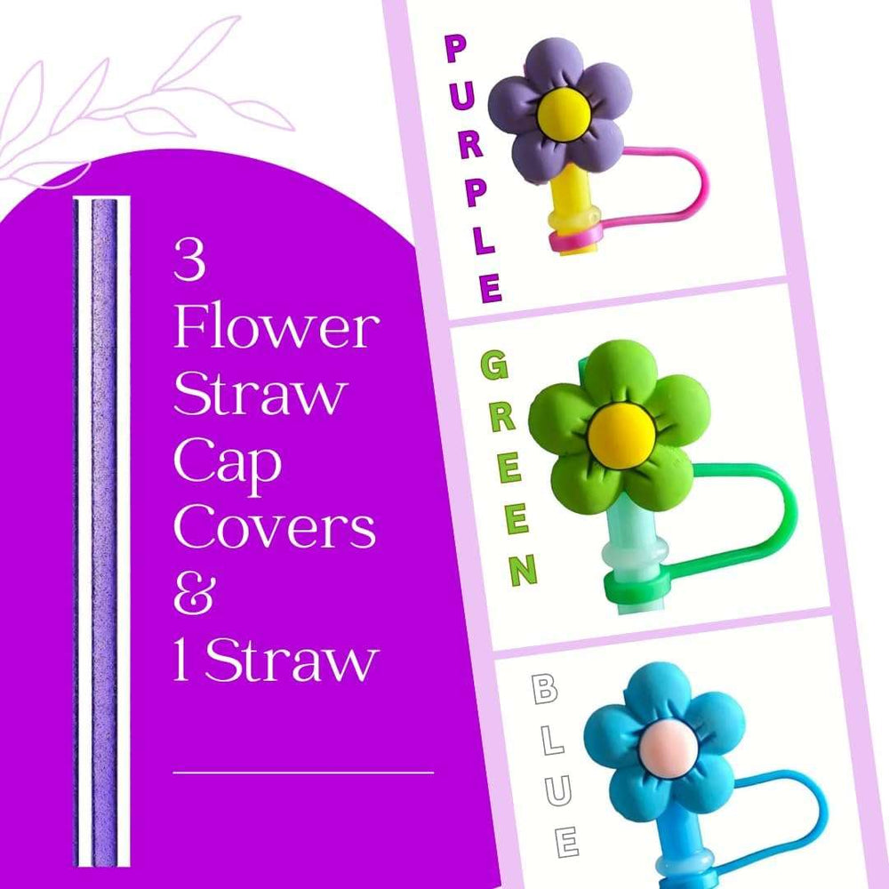 4pc Flower Straw Covers Straw Topper Reusable Dust Proof Straw Tips 6-8mm Plug Straw Covers 30 and 40 Oz Tumbler with Glittery Straw