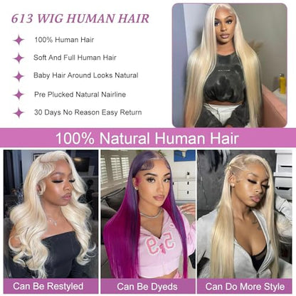 613 Lace Front Wig Human Hair 13x6 Transparent Lace Straight Blonde Lace Front Wigs Human Hair 613 HD Lace Frontal Wig 180% Density Pre Plucked with Baby Hair Blonde Wig Human Hair 24 Inch