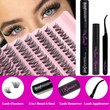 Bundle 4pc Kit Eyelash Cluster Kit Mixed Length C Curl Reusable Cluster Lashes 9mm-18mm Mixed, Bond & Seal, Remover and Lash Applicator 4pc Kit