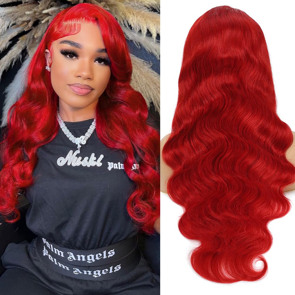 Red Lace Front Wigs Human Hair Pre Plucked 13x4 HD Colored Human Hair Lace Front Wigs Red Body Wave Lace Front Wigs Human Hair Red Frontal Wigs Human Hair 180% Density Red Wig Human Hair 24 Inch