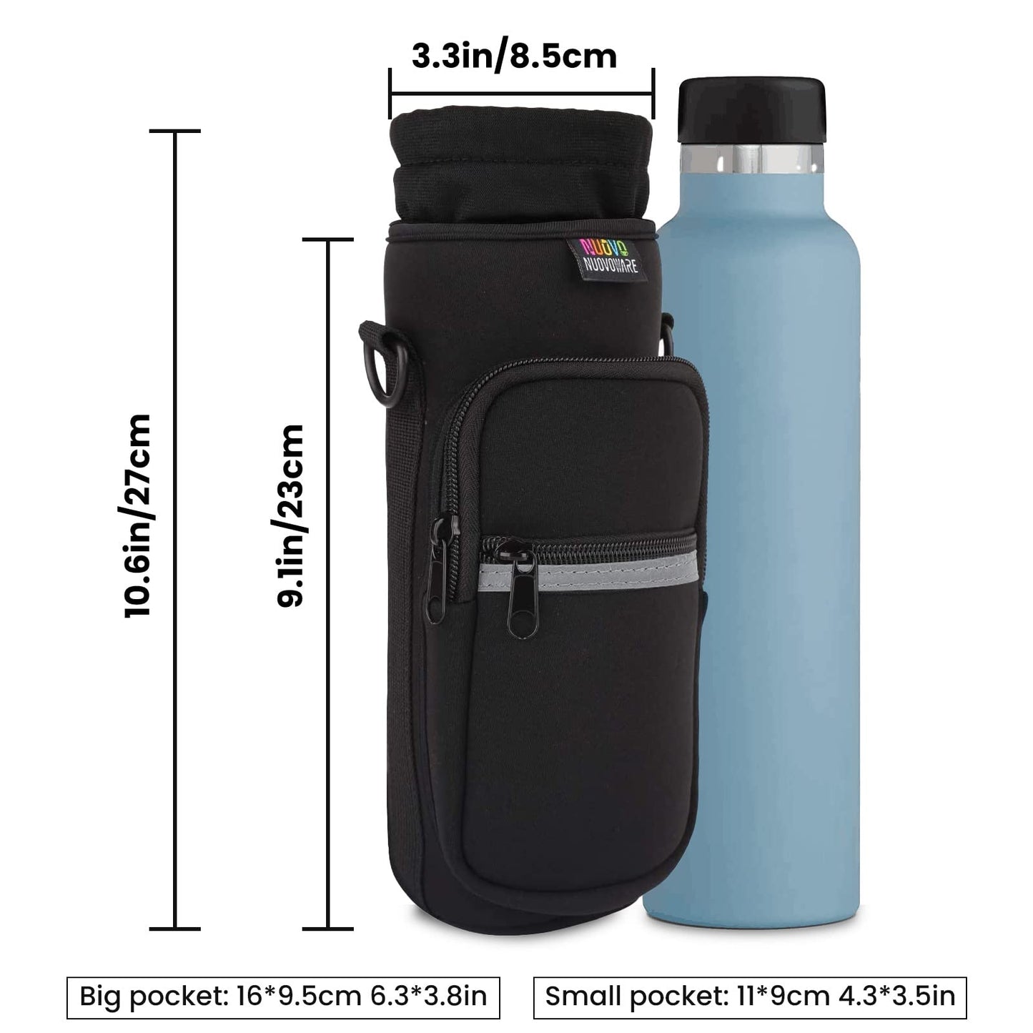 Nuovoware Water Bottle Carrier Bag, 25oz/32oz Bottle Pouch Holder, Adjustable Shoulder Hand Strap 2 Pocket Sling Neoprene Sleeve Sports Water Bottle Accessories for Hiking Travelling Camping