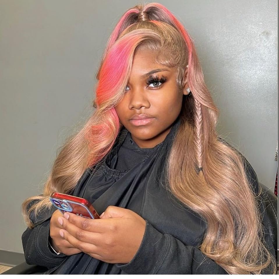 Ombre Ash Blonde Pink Lace Front Wig Human Hair 13x4 Skunk Stripe Highlight Colored Body Wave HD Frontal Wigs Human Hair 180% Density Pre Plucked with Baby Hair Pink Balayage Glueless Wig 22 Inch