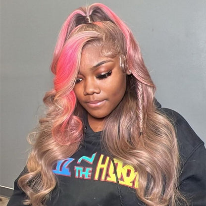 Ombre Ash Blonde Pink Lace Front Wig Human Hair 13x4 Skunk Stripe Highlight Colored Body Wave HD Frontal Wigs Human Hair 180% Density Pre Plucked with Baby Hair Pink Balayage Glueless Wig 22 Inch