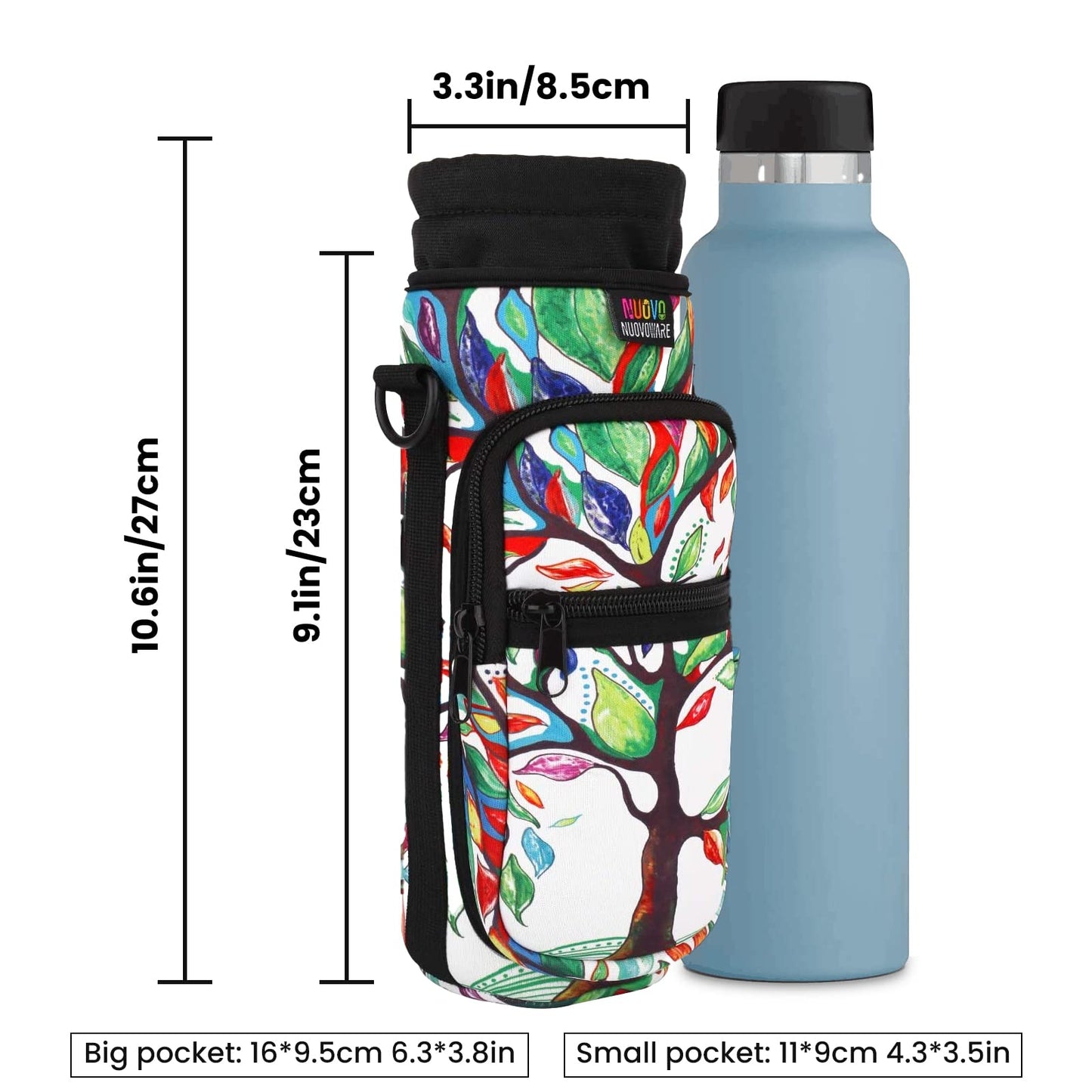 Nuovoware Water Bottle Carrier Bag, 25oz/32oz Bottle Pouch Holder, Adjustable Shoulder Hand Strap 2 Pocket Sling Neoprene Sleeve Sports Water Bottle Accessories for Hiking Travelling Camping