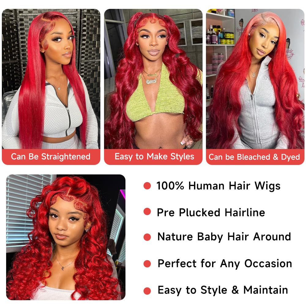 Red Lace Front Wigs Human Hair Pre Plucked 13x4 HD Colored Human Hair Lace Front Wigs Red Body Wave Lace Front Wigs Human Hair Red Frontal Wigs Human Hair 180% Density Red Wig Human Hair 24 Inch