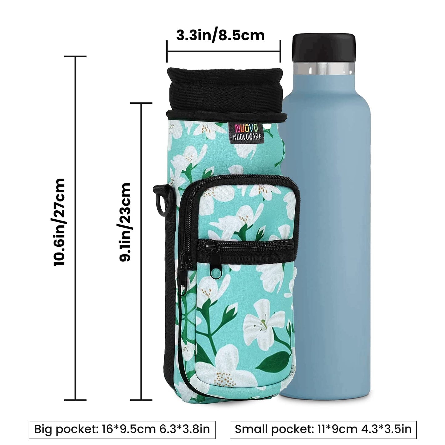 Nuovoware Water Bottle Carrier Bag, 25oz/32oz Bottle Pouch Holder, Adjustable Shoulder Hand Strap 2 Pocket Sling Neoprene Sleeve Sports Water Bottle Accessories for Hiking Travelling Camping