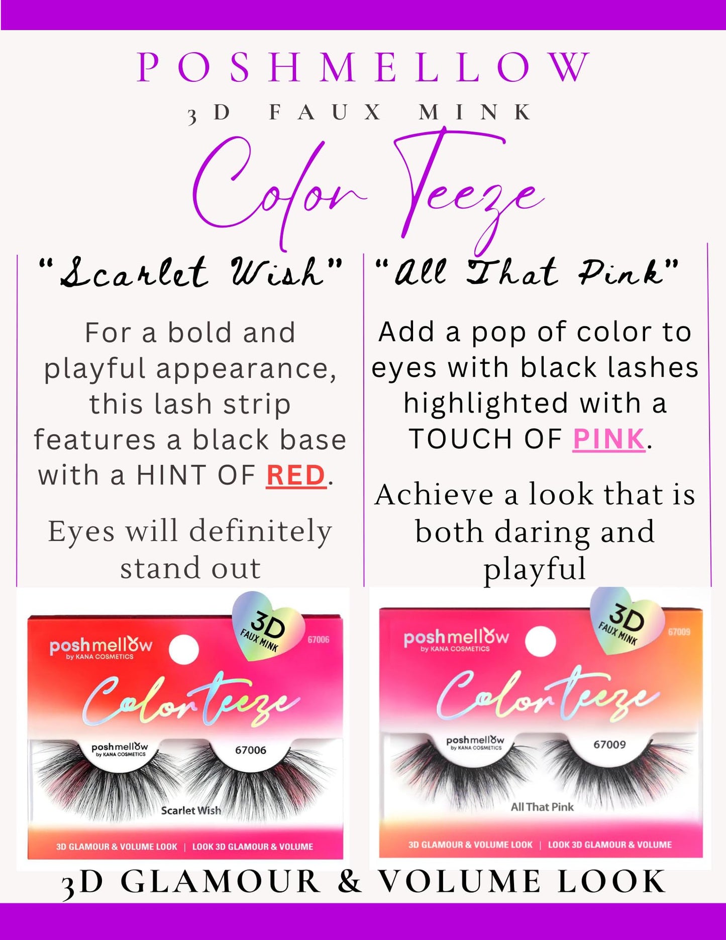 Poshmellow Color Teeze Faux Mink Eyelashes 3D Glamour & Volume Reusable Natural Look Soft & Colorful Easy to Apply