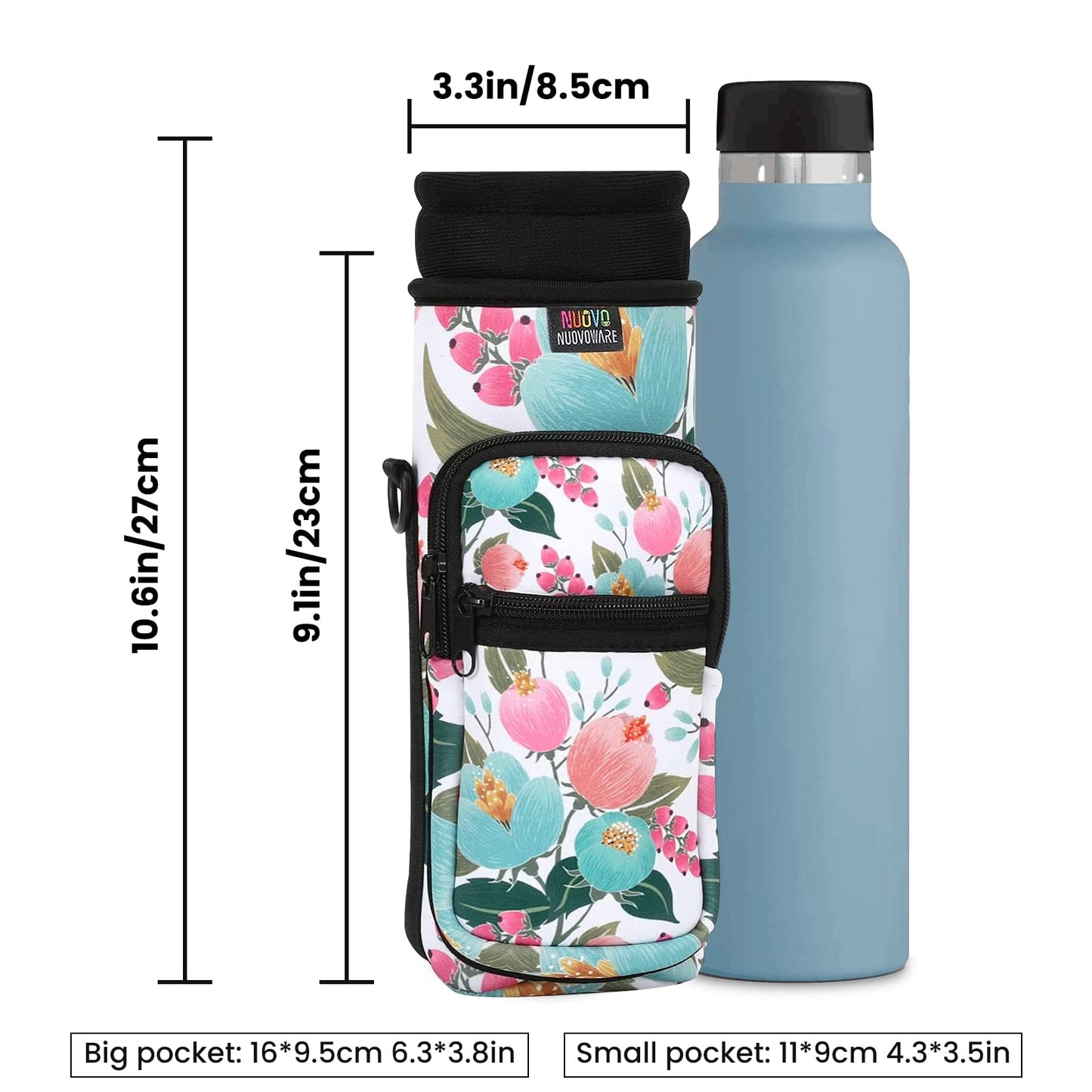 Nuovoware Water Bottle Carrier Bag, 25oz/32oz Bottle Pouch Holder, Adjustable Shoulder Hand Strap 2 Pocket Sling Neoprene Sleeve Sports Water Bottle Accessories for Hiking Travelling Camping