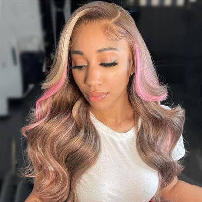 Ombre Ash Blonde Pink Lace Front Wig Human Hair 13x4 Skunk Stripe Highlight Colored Body Wave HD Frontal Wigs Human Hair 180% Density Pre Plucked with Baby Hair Pink Balayage Glueless Wig 22 Inch