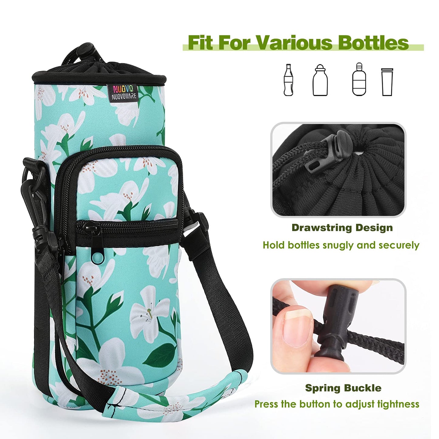 Nuovoware Water Bottle Carrier Bag, 25oz/32oz Bottle Pouch Holder, Adjustable Shoulder Hand Strap 2 Pocket Sling Neoprene Sleeve Sports Water Bottle Accessories for Hiking Travelling Camping