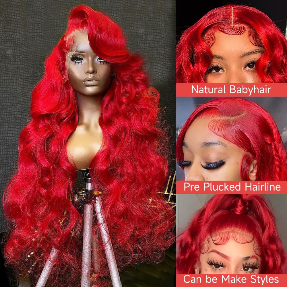 Red Lace Front Wigs Human Hair Pre Plucked 13x4 HD Colored Human Hair Lace Front Wigs Red Body Wave Lace Front Wigs Human Hair Red Frontal Wigs Human Hair 180% Density Red Wig Human Hair 24 Inch