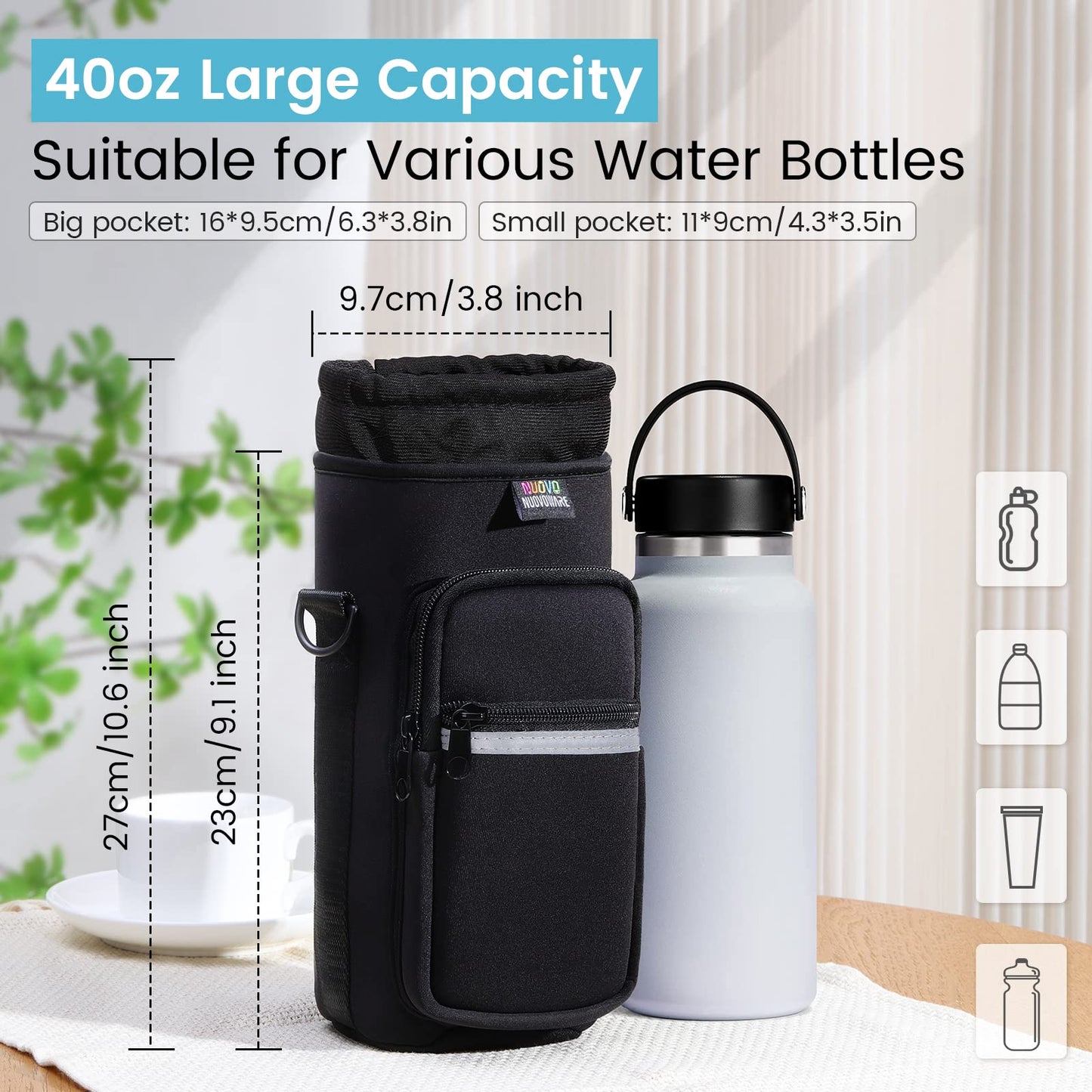 Nuovoware Water Bottle Carrier Bag, 25oz/32oz Bottle Pouch Holder, Adjustable Shoulder Hand Strap 2 Pocket Sling Neoprene Sleeve Sports Water Bottle Accessories for Hiking Travelling Camping