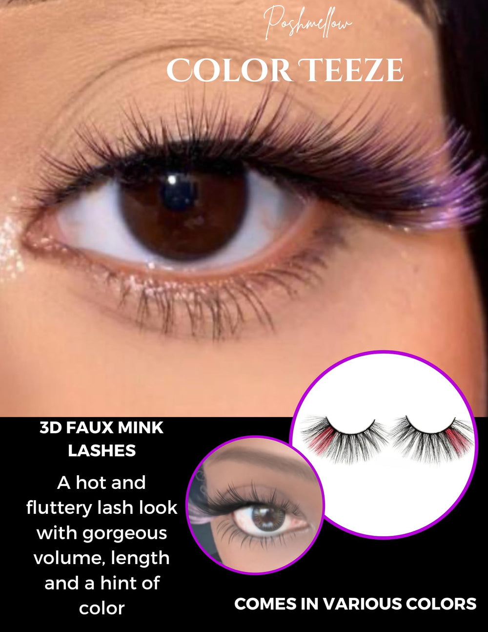 BUY 1 GET 1 FREE Poshmellow Color Teeze Faux Mink Eyelashes 3D Glamour & Volume Reusable Natural Look Soft & Colorful Easy to Apply