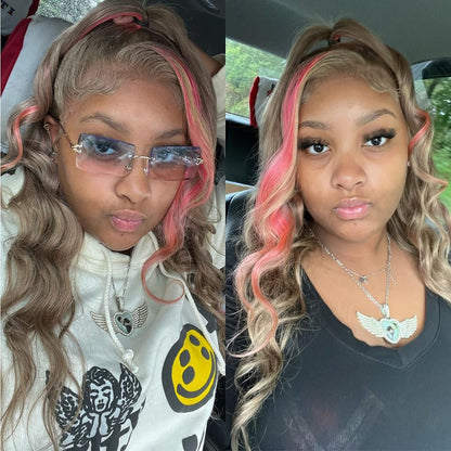 Ombre Ash Blonde Pink Lace Front Wig Human Hair 13x4 Skunk Stripe Highlight Colored Body Wave HD Frontal Wigs Human Hair 180% Density Pre Plucked with Baby Hair Pink Balayage Glueless Wig 22 Inch