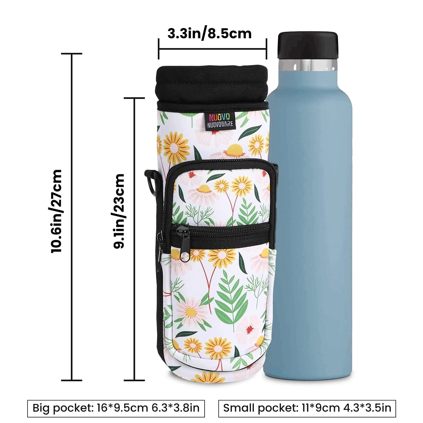 Nuovoware Water Bottle Carrier Bag, 25oz/32oz Bottle Pouch Holder, Adjustable Shoulder Hand Strap 2 Pocket Sling Neoprene Sleeve Sports Water Bottle Accessories for Hiking Travelling Camping