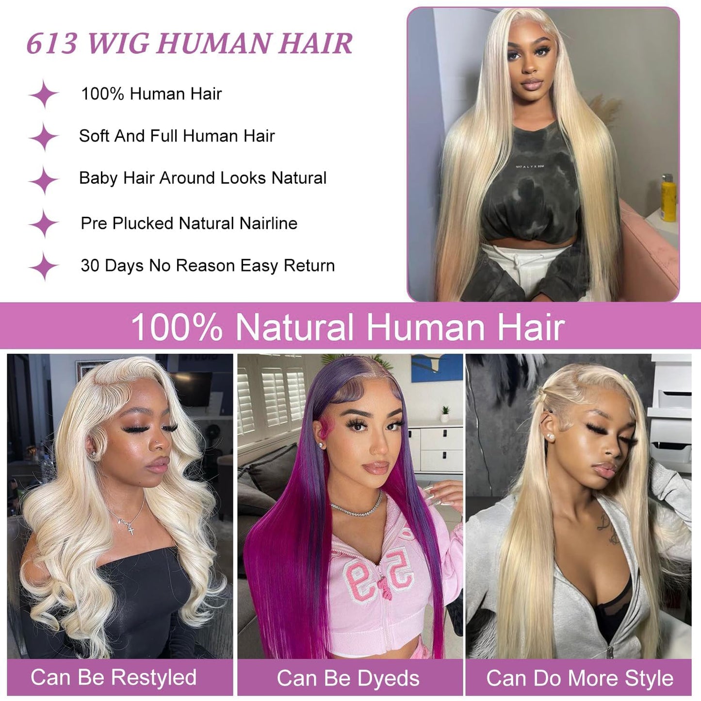 613 Lace Front Wig Human Hair 13x6 Transparent Lace Straight Blonde Lace Front Wigs Human Hair 613 HD Lace Frontal Wig 180% Density Pre Plucked with Baby Hair Blonde Wig Human Hair 24 Inch