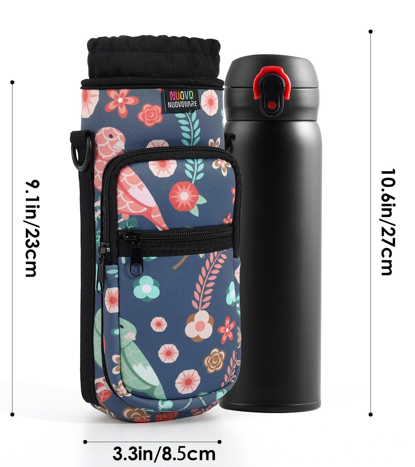 Nuovoware Water Bottle Carrier Bag, 25oz/32oz Bottle Pouch Holder, Adjustable Shoulder Hand Strap 2 Pocket Sling Neoprene Sleeve Sports Water Bottle Accessories for Hiking Travelling Camping