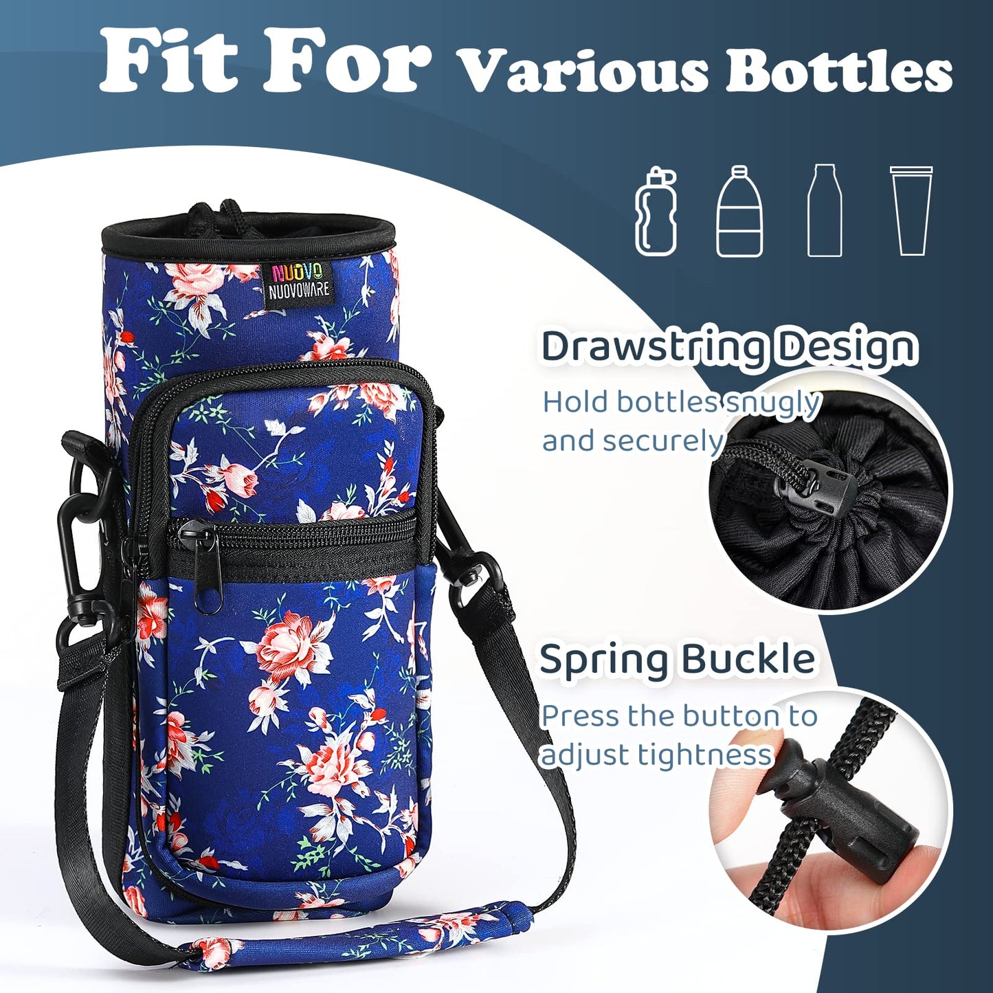 Nuovoware Water Bottle Carrier Bag, 25oz/32oz Bottle Pouch Holder, Adjustable Shoulder Hand Strap 2 Pocket Sling Neoprene Sleeve Sports Water Bottle Accessories for Hiking Travelling Camping