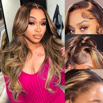 Highlight Ombre Full 13x4 Lace Front Body Wave Wigs Human Hair 4/27 HD Transparent 13x4 Full Frontal Wig Pre Plucked 13x4 Highlight Body Wave Bleached Knots Tiny Knots Hair 200% Density 26 Inch