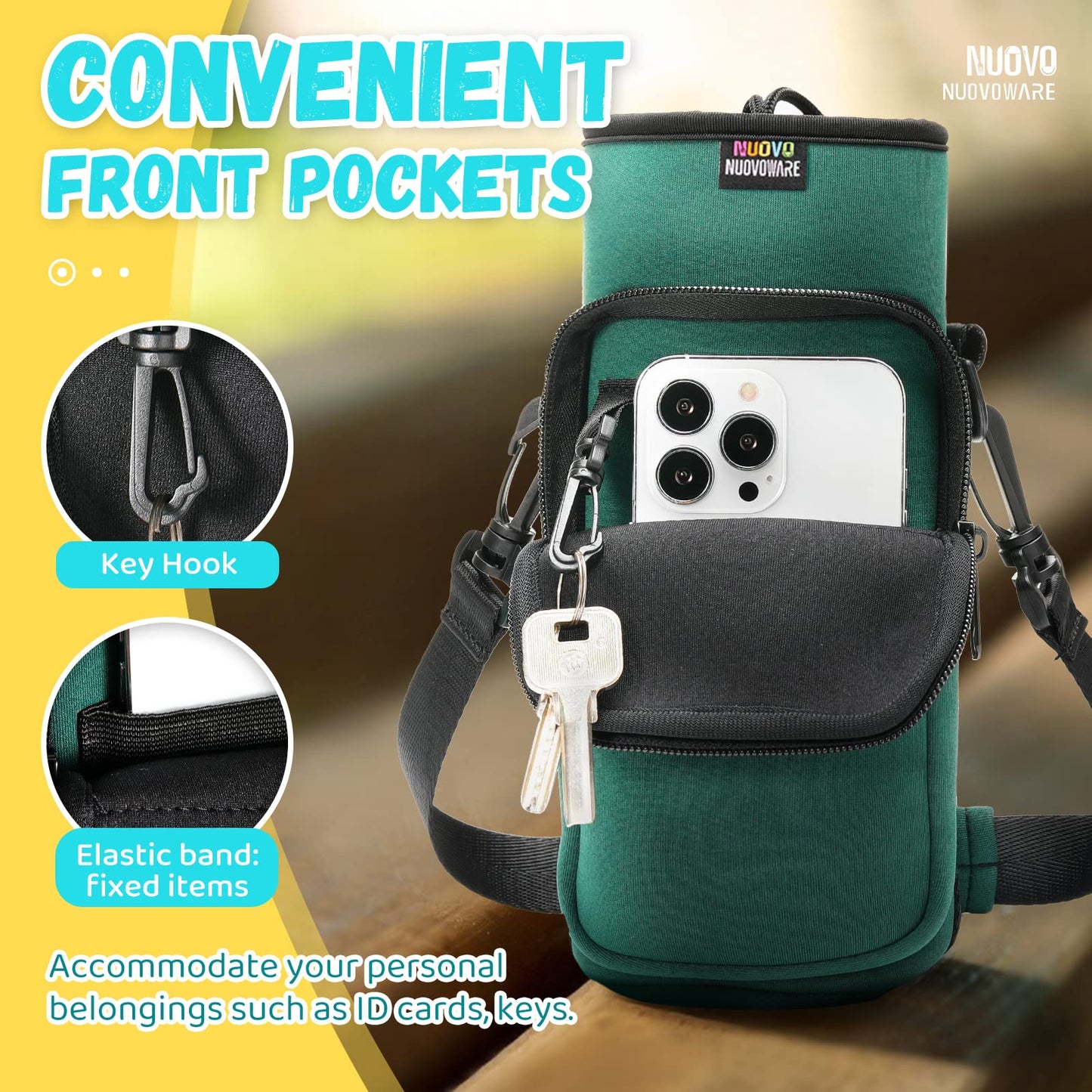 Nuovoware Water Bottle Carrier Bag, 25oz/32oz Bottle Pouch Holder, Adjustable Shoulder Hand Strap 2 Pocket Sling Neoprene Sleeve Sports Water Bottle Accessories for Hiking Travelling Camping