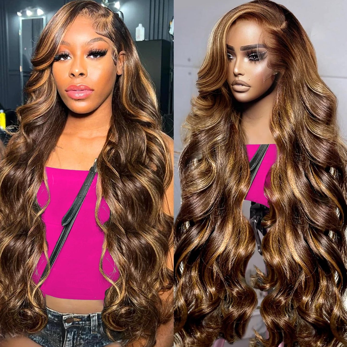 Highlight Ombre Full 13x4 Lace Front Body Wave Wigs Human Hair 4/27 HD Transparent 13x4 Full Frontal Wig Pre Plucked 13x4 Highlight Body Wave Bleached Knots Tiny Knots Hair 200% Density 26 Inch