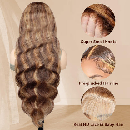 Highlight Ombre Full 13x4 Lace Front Body Wave Wigs Human Hair 4/27 HD Transparent 13x4 Full Frontal Wig Pre Plucked 13x4 Highlight Body Wave Bleached Knots Tiny Knots Hair 200% Density 26 Inch