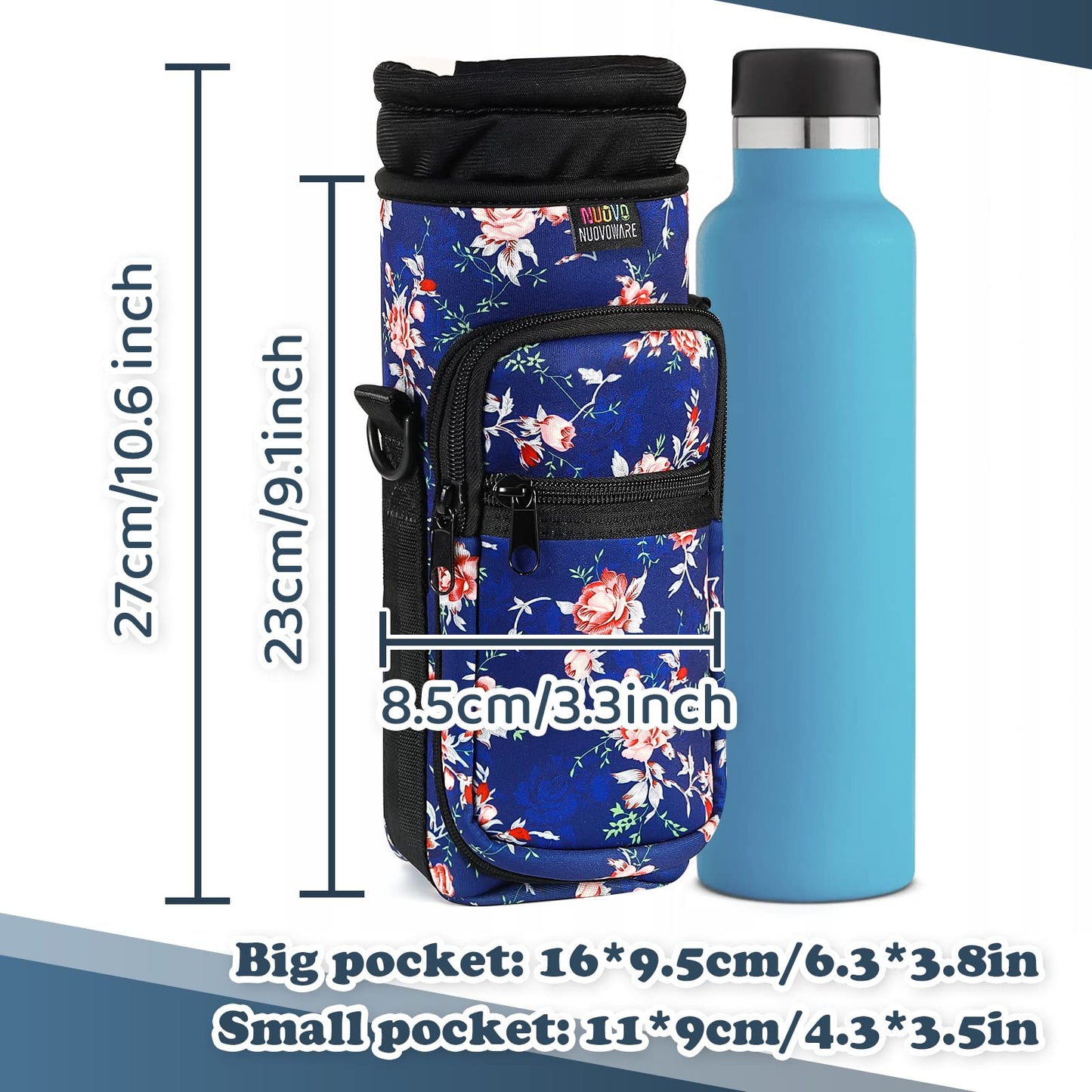 Nuovoware Water Bottle Carrier Bag, 25oz/32oz Bottle Pouch Holder, Adjustable Shoulder Hand Strap 2 Pocket Sling Neoprene Sleeve Sports Water Bottle Accessories for Hiking Travelling Camping