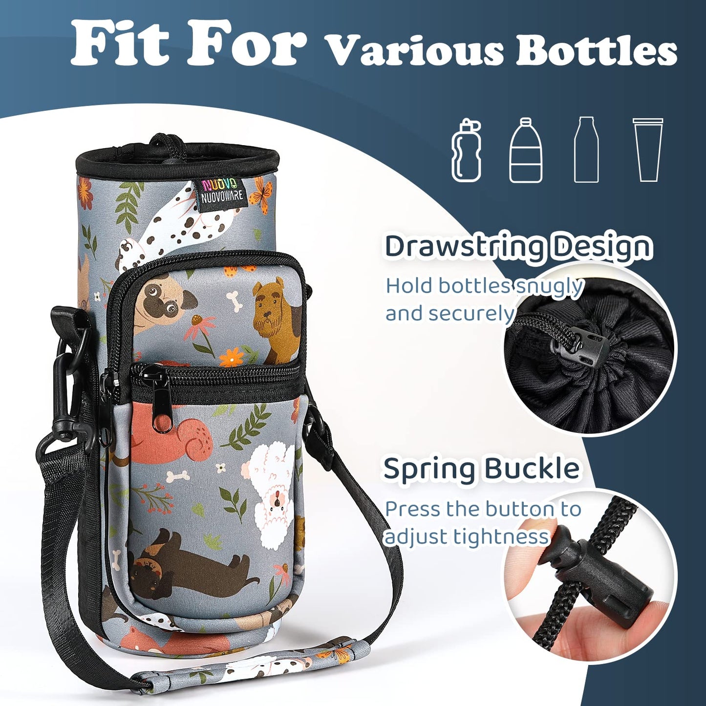 Nuovoware Water Bottle Carrier Bag, 25oz/32oz Bottle Pouch Holder, Adjustable Shoulder Hand Strap 2 Pocket Sling Neoprene Sleeve Sports Water Bottle Accessories for Hiking Travelling Camping