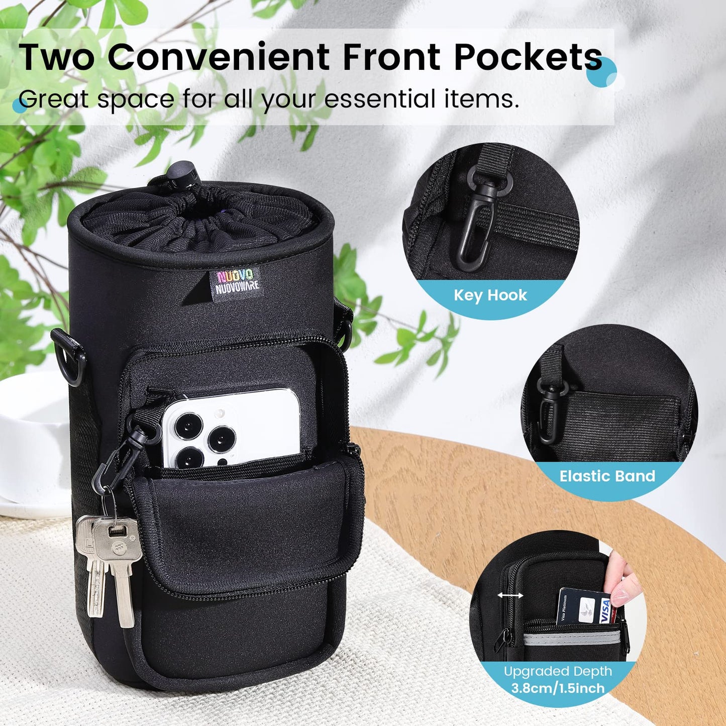 Nuovoware Water Bottle Carrier Bag, 25oz/32oz Bottle Pouch Holder, Adjustable Shoulder Hand Strap 2 Pocket Sling Neoprene Sleeve Sports Water Bottle Accessories for Hiking Travelling Camping