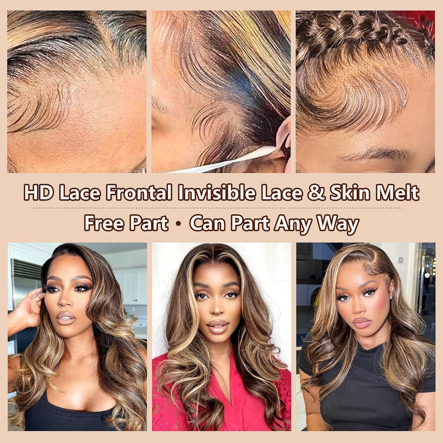 Highlight Ombre Full 13x4 Lace Front Body Wave Wigs Human Hair 4/27 HD Transparent 13x4 Full Frontal Wig Pre Plucked 13x4 Highlight Body Wave Bleached Knots Tiny Knots Hair 200% Density 26 Inch