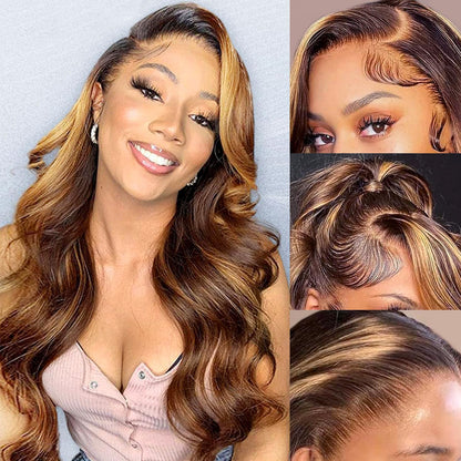 Highlight Ombre Full 13x4 Lace Front Body Wave Wigs Human Hair 4/27 HD Transparent 13x4 Full Frontal Wig Pre Plucked 13x4 Highlight Body Wave Bleached Knots Tiny Knots Hair 200% Density 26 Inch