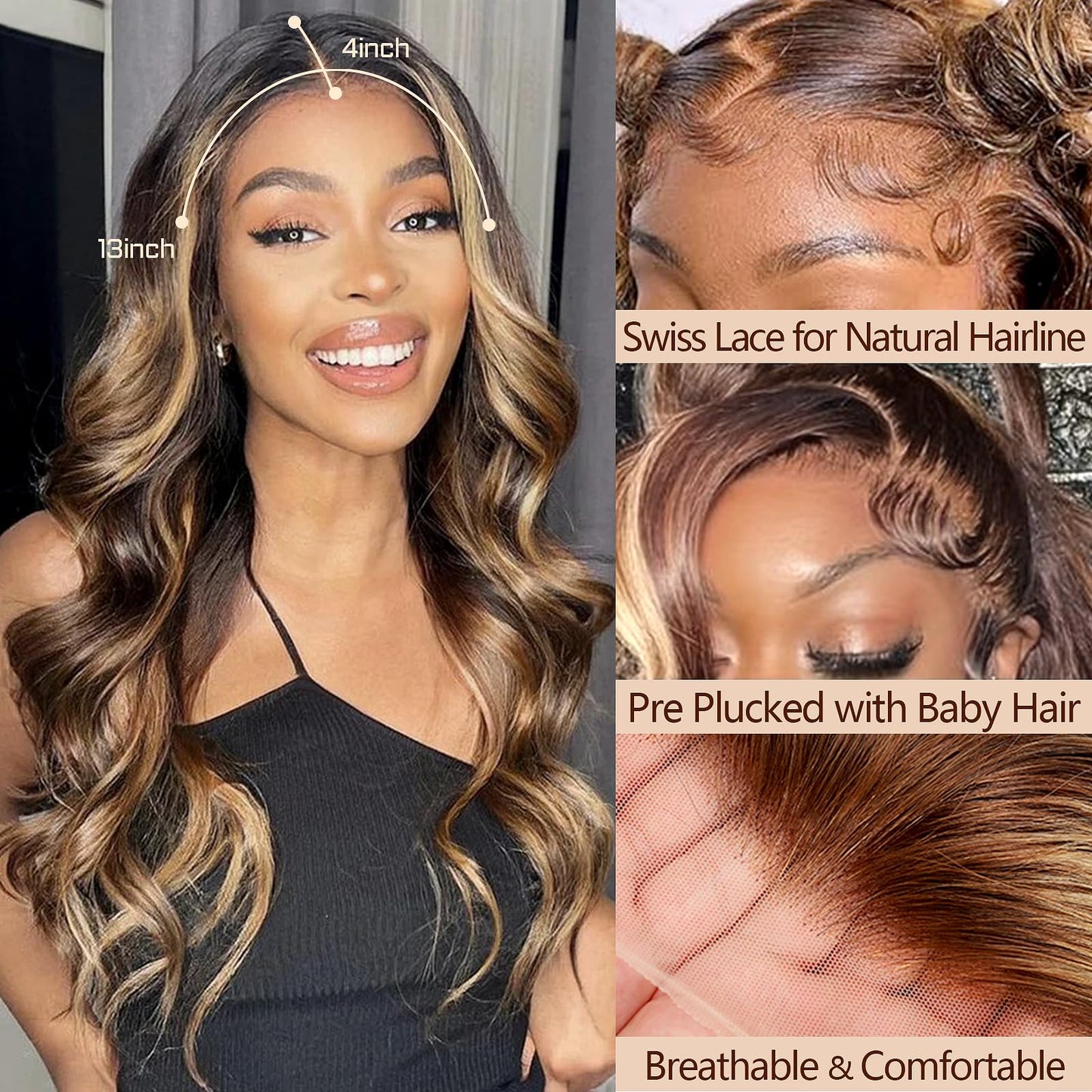 Highlight Ombre Full 13x4 Lace Front Body Wave Wigs Human Hair 4/27 HD Transparent 13x4 Full Frontal Wig Pre Plucked 13x4 Highlight Body Wave Bleached Knots Tiny Knots Hair 200% Density 26 Inch