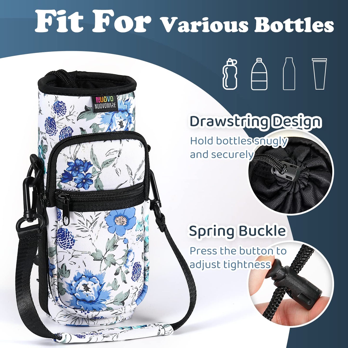 Nuovoware Water Bottle Carrier Bag, 25oz/32oz Bottle Pouch Holder, Adjustable Shoulder Hand Strap 2 Pocket Sling Neoprene Sleeve Sports Water Bottle Accessories for Hiking Travelling Camping