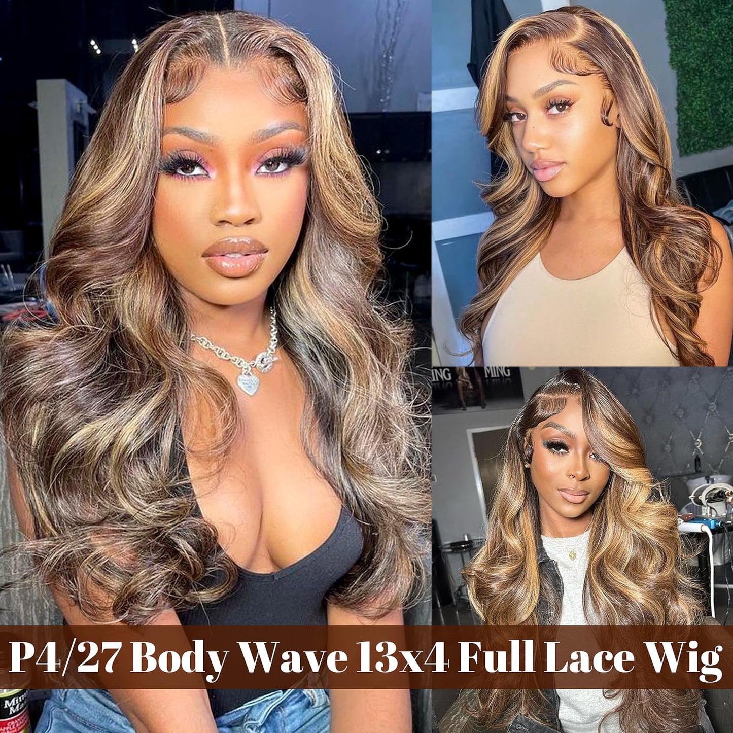 Highlight Ombre Full 13x4 Lace Front Body Wave Wigs Human Hair 4/27 HD Transparent 13x4 Full Frontal Wig Pre Plucked 13x4 Highlight Body Wave Bleached Knots Tiny Knots Hair 200% Density 26 Inch