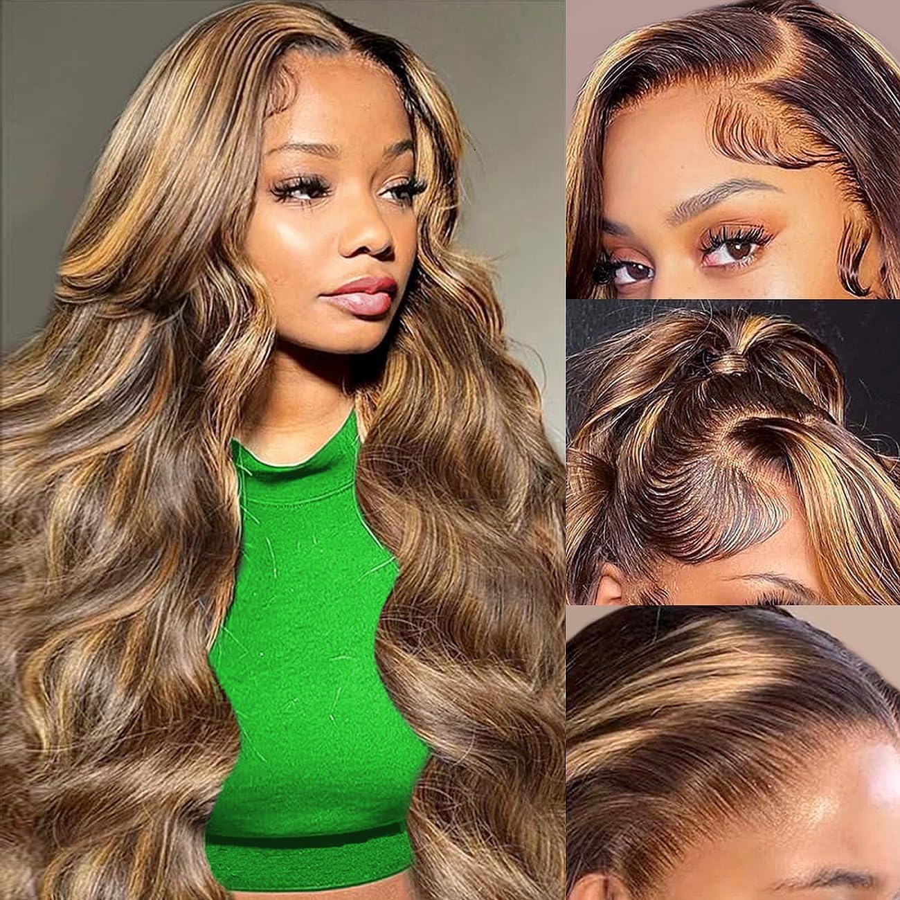 Highlight Ombre Full 13x4 Lace Front Body Wave Wigs Human Hair 4/27 HD Transparent 13x4 Full Frontal Wig Pre Plucked 13x4 Highlight Body Wave Bleached Knots Tiny Knots Hair 200% Density 26 Inch