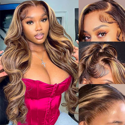 Highlight Ombre Full 13x4 Lace Front Body Wave Wigs Human Hair 4/27 HD Transparent 13x4 Full Frontal Wig Pre Plucked 13x4 Highlight Body Wave Bleached Knots Tiny Knots Hair 200% Density 26 Inch