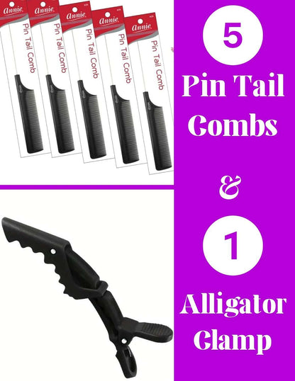 Rat Tail 5pcs Pin Tail CombS Anti-static Heat Resistant Fine-Tooth Sectioning Parting Styling Locking Hair Loc Comb & an Alligator Hair Clip